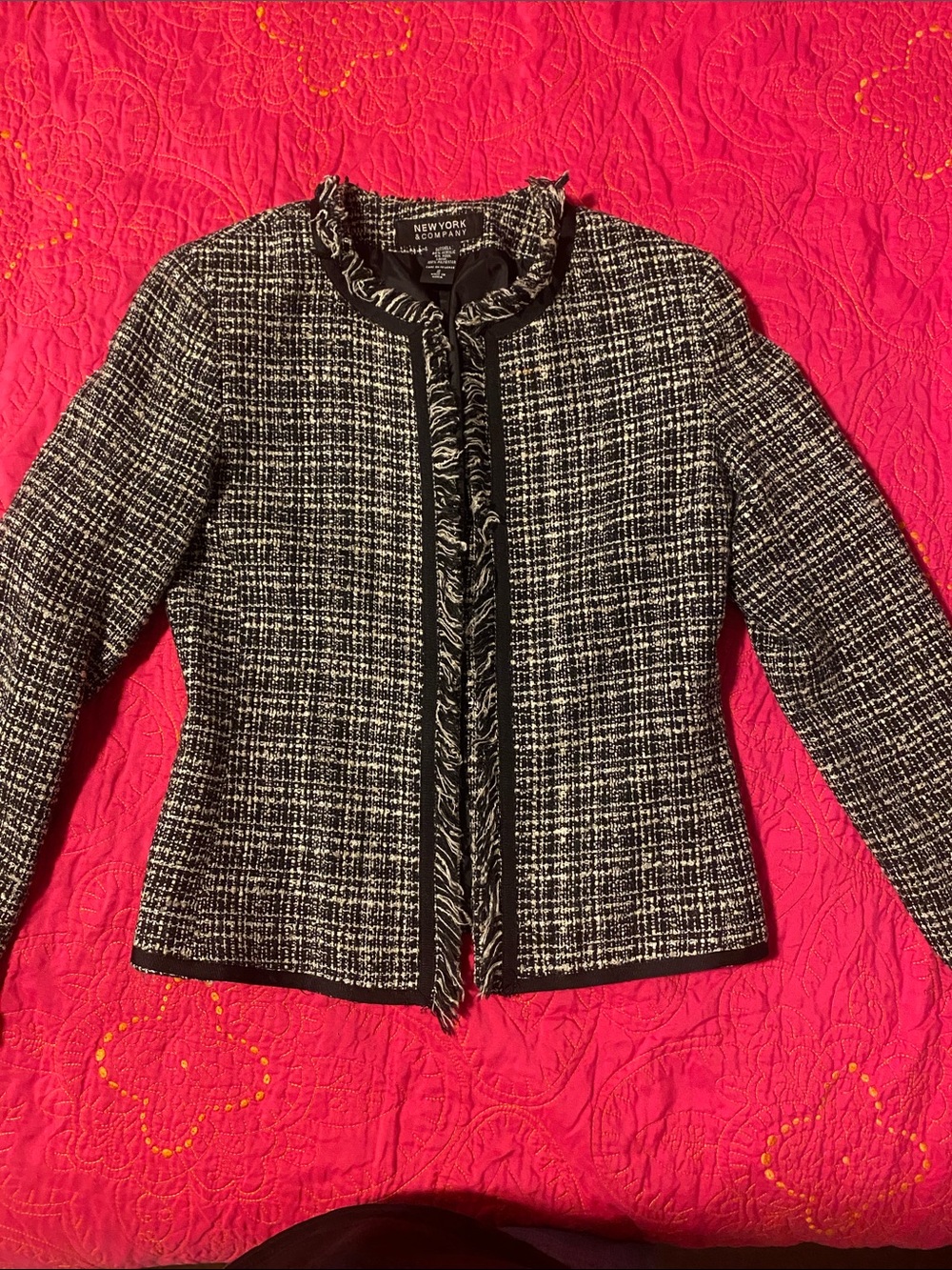 New York & Company Black and White Tweed Fringe-Trim Jacket